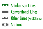 Shinkansen Lines Conventional Lines Other Lines (No JR Lines) Stations