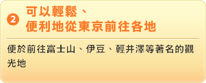 可以輕鬆、便利地從東京前往各地 – 便於前往富士山、伊豆、輕井澤等著名的觀光地