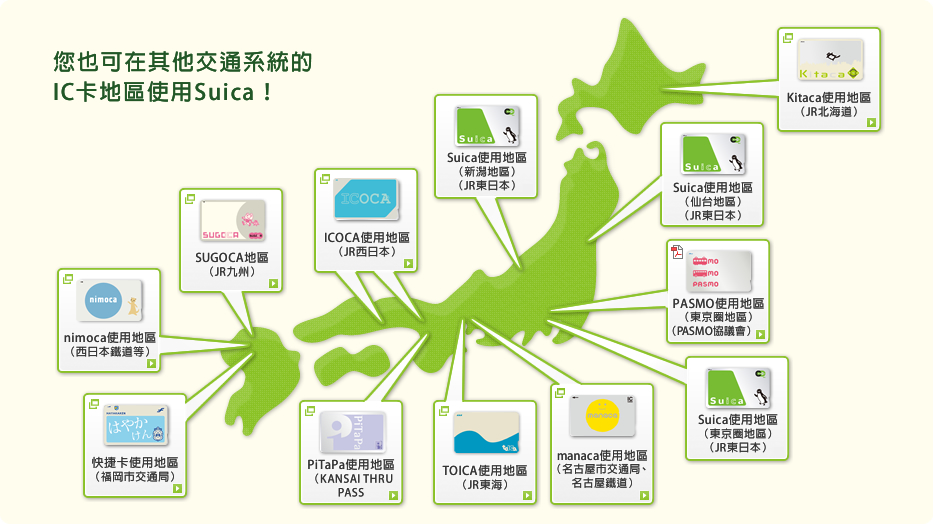 您也可在其他交通系統的IC卡地區使用Suica！
