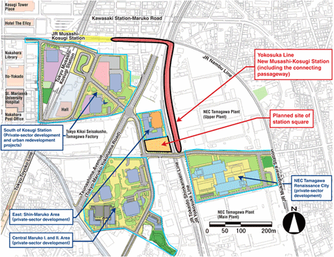 Location of New Musashi-Kosugi Station on the Yokosuka Line, and other facilities