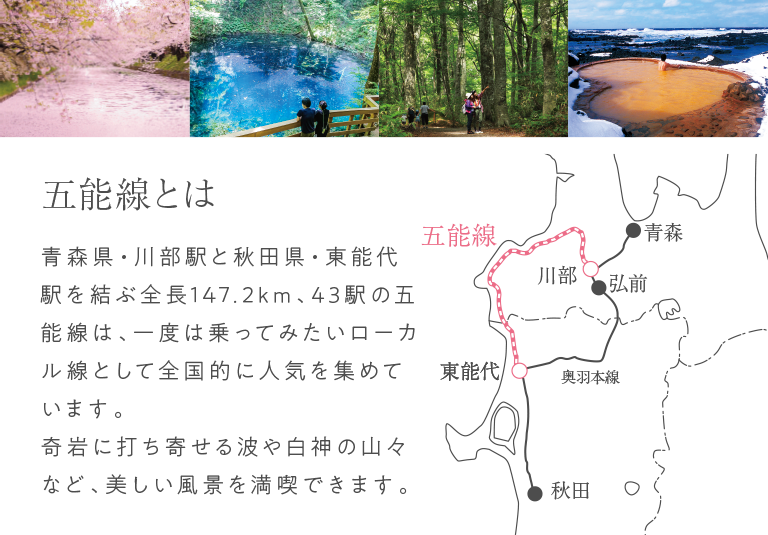 五能線とは 青森県・川部駅と秋田県・東能代駅を結ぶ全長147.2km、43駅の五能線は、一度は乗ってみたいローカル線として全国的に人気を集めています。奇岩に打ち寄せる波や白神の山々など、美しい風景を満喫できます。