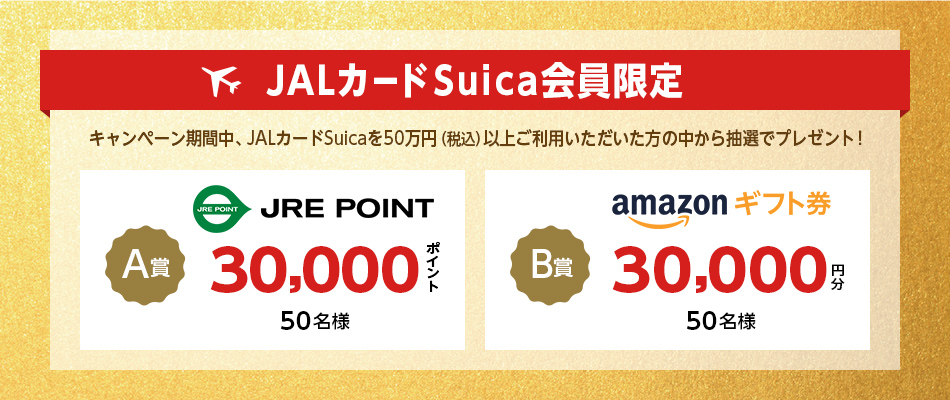 キャンペーン期間中、JALカードSuicaを50万円（税込）以上ご利用いただいた方の中から抽選でプレゼント！ A賞 JRE POINT 30,000ポイント 50名様 B賞 Amazonギフト券 30,000円分 50名様