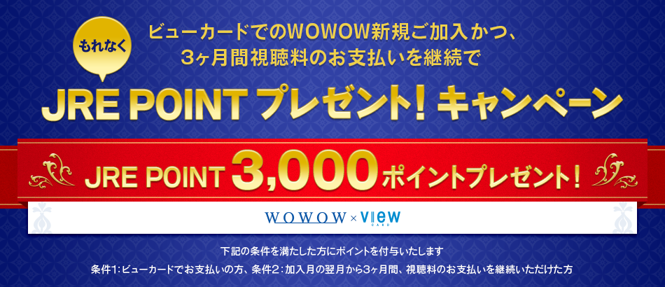 ビューカードでのWOWOW新規ご加入でJRE POINT プレゼント!キャンペーン WOWOWに新規ご加入いただき、視聴料のお支払いにビューカードをご登録かつ、加入月翌月から3ヶ月間お支払いを継続されたお客様にもれなくJREPOINT3,000ポイントプレゼント!