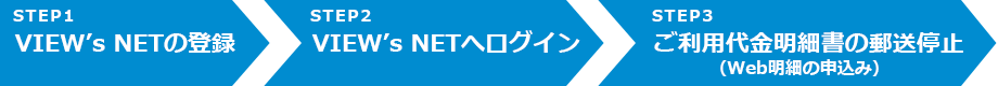 STEP1 VIEW's NETの登録 STEP2 VIEW's NETへログイン STEP3 ご利用代金明細書の郵送停止（Web明細の申込み）