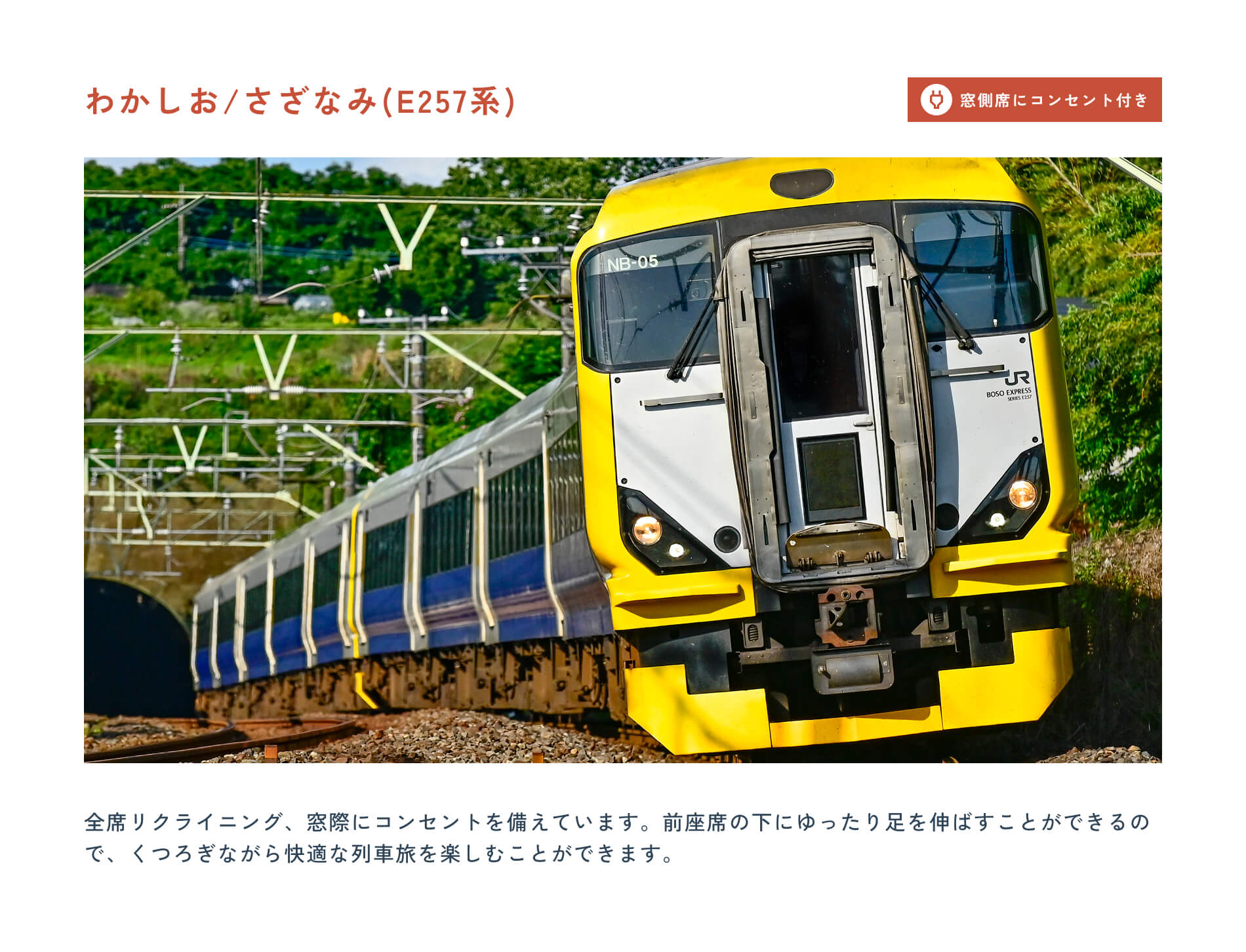 わかしお/さざなみ(E257系) 窓側席にコンセント付き 全席リクライニング、窓際にコンセントを備えています。前座席の下にゆったり足を伸ばすことができるので、くつろぎながら快適な列車旅を楽しむことができます。