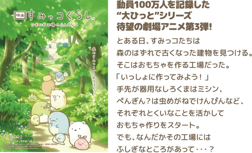 動員100万人を記録した“大ひっと”シリーズ 待望の劇場アニメ第3弾！　とある日、すみっコたちは森のはずれで古くなった建物を見つける。そこはおもちゃを作る工場だった。「いっしょに作ってみよう！」手先が器用なしろくまはミシン、ぺんぎん？は虫めがねでけんぴんなど、それぞれとくいなことを活かしておもちゃ作りをスタート。でも、なんだかその工場にはふしぎなところがあって・・・？