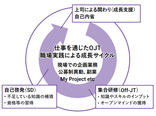 仕事を通じたOJT 職場実践による成長サイクル(集合研修・自己啓発・上司による関わり、自己内省)の図