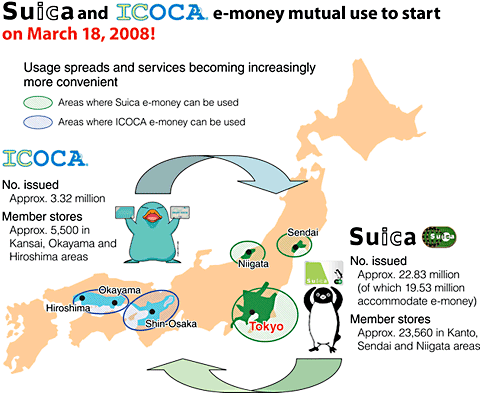 Suica and ICOCA e-money mutual use to start