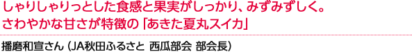 シャリシャリっとした食感と果肉がしっかり、みずみずしく。さわやかな甘さが特徴の「あきた夏丸 スイカ」播磨和宣さん（JA秋田ふるさと 西瓜部会 部会長）
