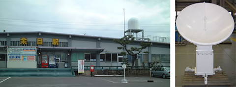 Doppler radar installed on the roof of Amarume Station & Main Doppler radar unit installed inside the radar casing