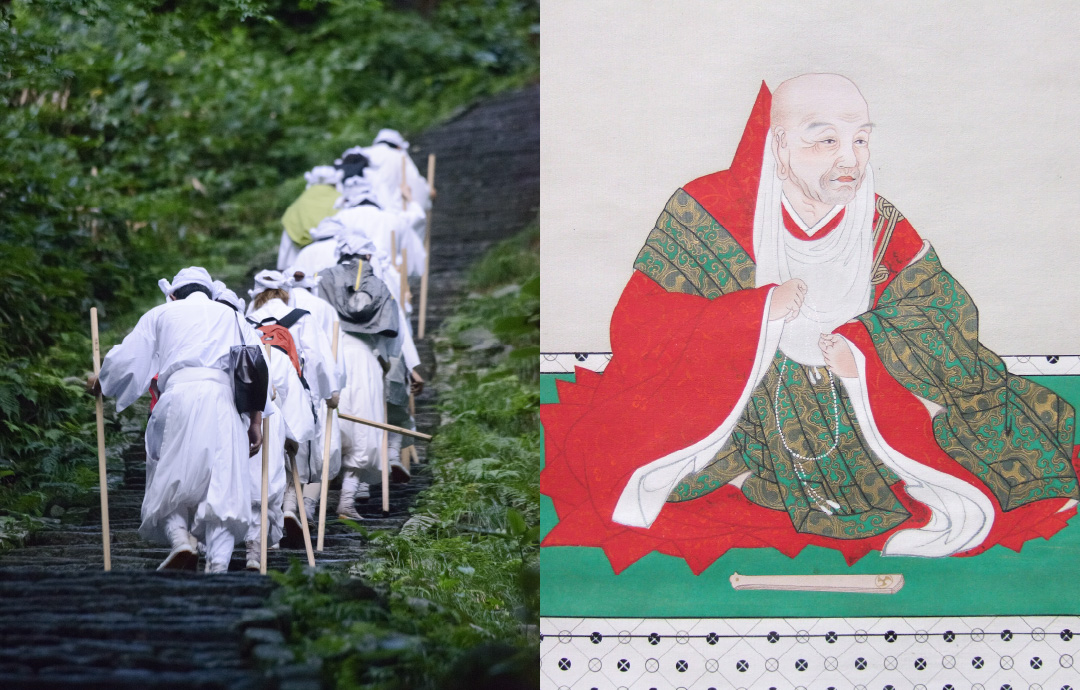 「天宥法印御真像」の写真と天宥が整備を行ったいまも残されている杉並木や石段の写真