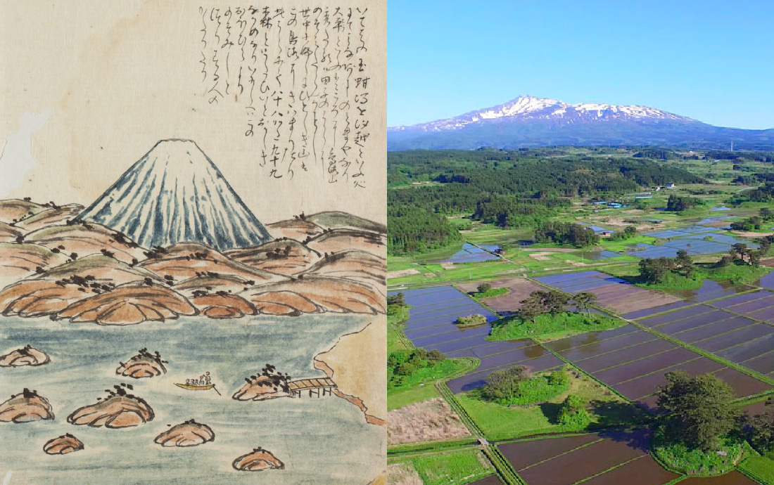 『粉本稿』に描かれた象潟の写真と現在の田が広がった景色の写真