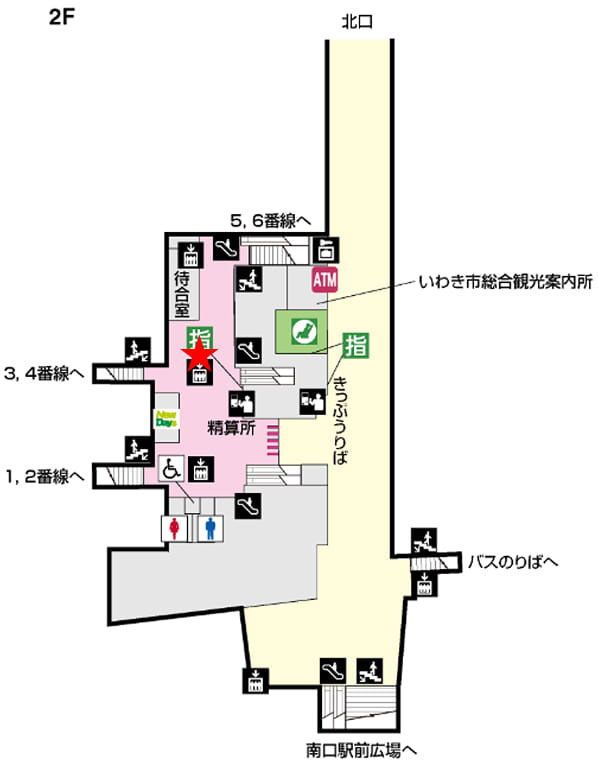 装飾場所を指す地図です。いわき駅2階、New Daysと待合室の間にあるエレベーターの壁面に特別装飾があります。