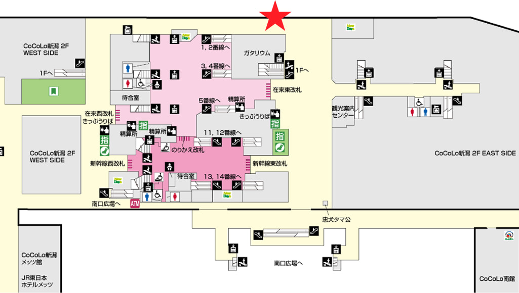 装飾場所を指す地図です。新潟駅2階、在来東改札を出て左突き当たりにあります。