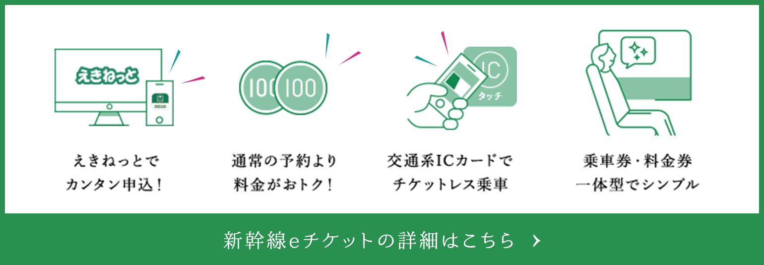 えきねっとでカンタン申込！ 通常の予約より料金がおトク！ 交通系ICカードでチケットレス乗車 乗車券・料金券一体型でシンプル 新幹線eチケットの詳細はこちら