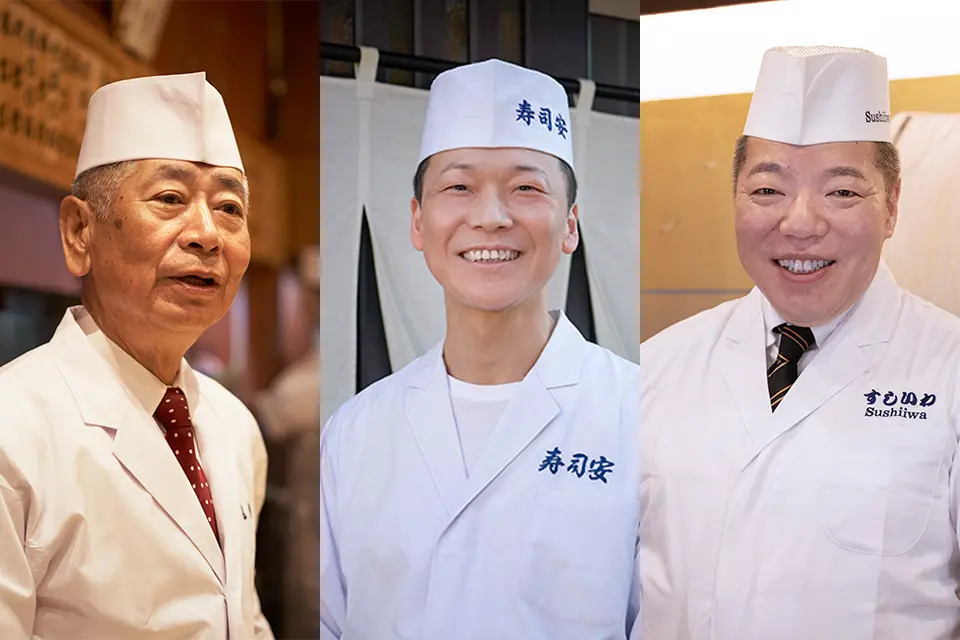 image:Norio Yokoyama of Sushi Kappo Marui (left), Takashi Yamada of Sushiyasu (center) and Hiroshi Iwabuti of Sushi Iwa (right)
