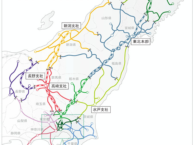 管轄エリア図 東北南部、関東 イメージ