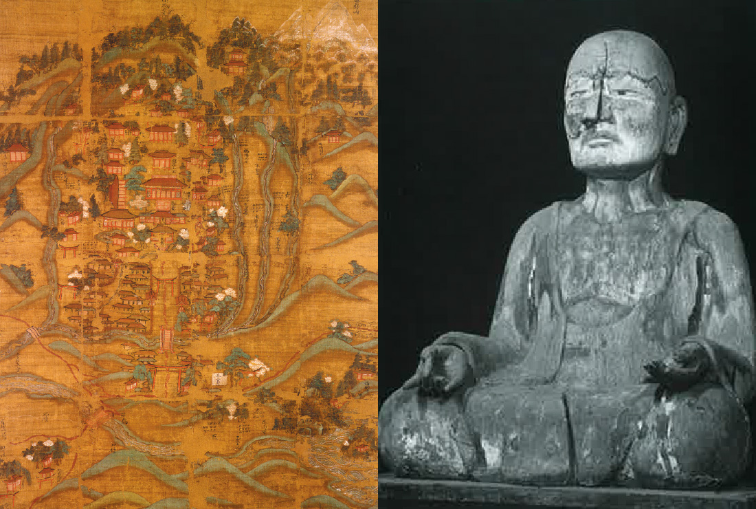 絹本著色慧日寺絵図の写真と伝 徳一坐像の写真