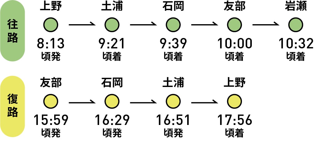 時刻等 往路:上野8:13頃発→土浦9:21頃着→石岡9:39頃着→友部10:00頃着→岩瀬10:32頃着、復路:友部15:59頃発→石岡16:29頃発→土浦16:51頃発→ 上野17:56頃着