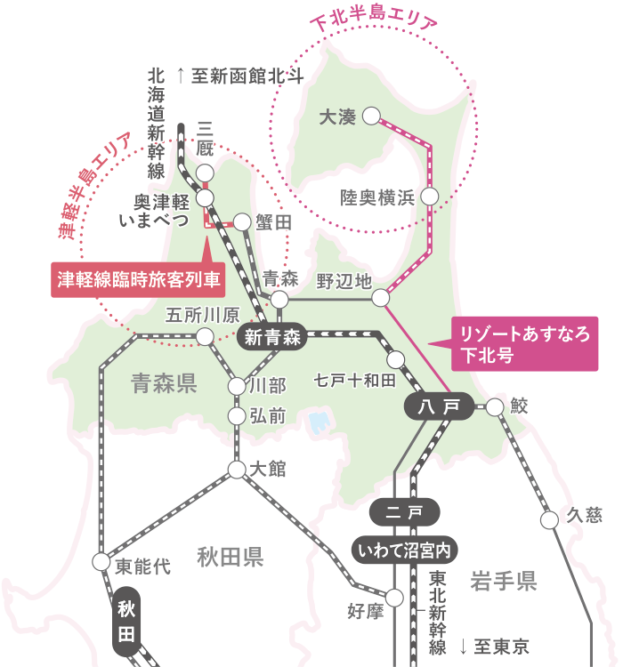 列車で楽しむ青森県半島旅の路線図