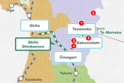 แผนที่เส้นทางตัวอย่างในการเที่ยว Akita