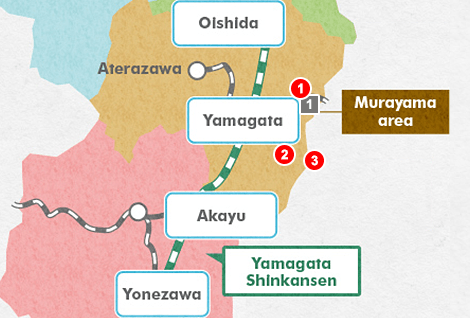 แผนที่เส้นทางตัวอย่างในการเที่ยว Yamagata