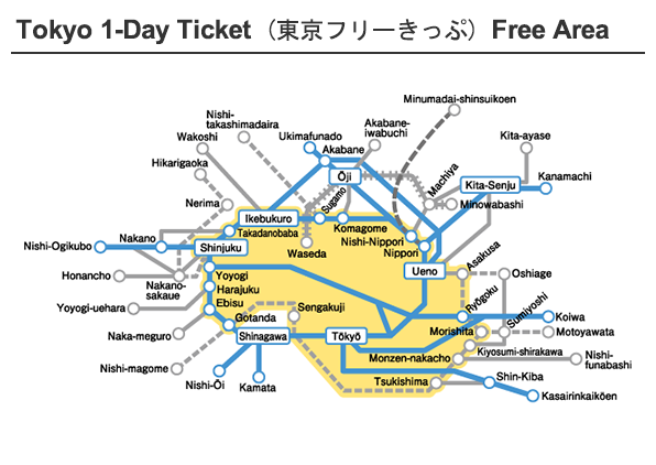 Tokyo 1-Day Ticket (Tokyo Free Kippu) Zone accessible