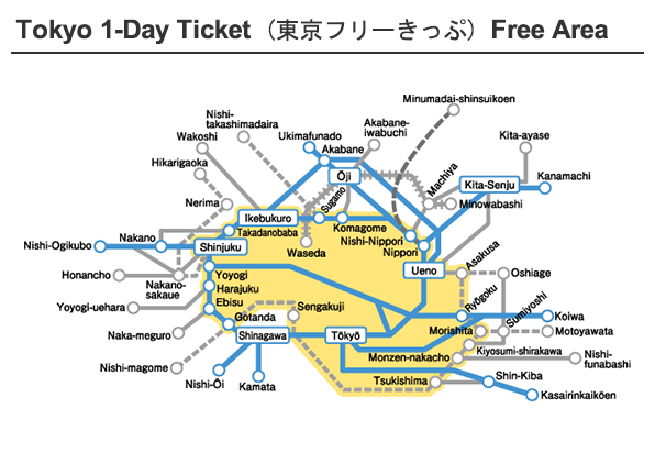 Area bebas Tokyo 1-Day Ticket (Tokyo Free Kippu)