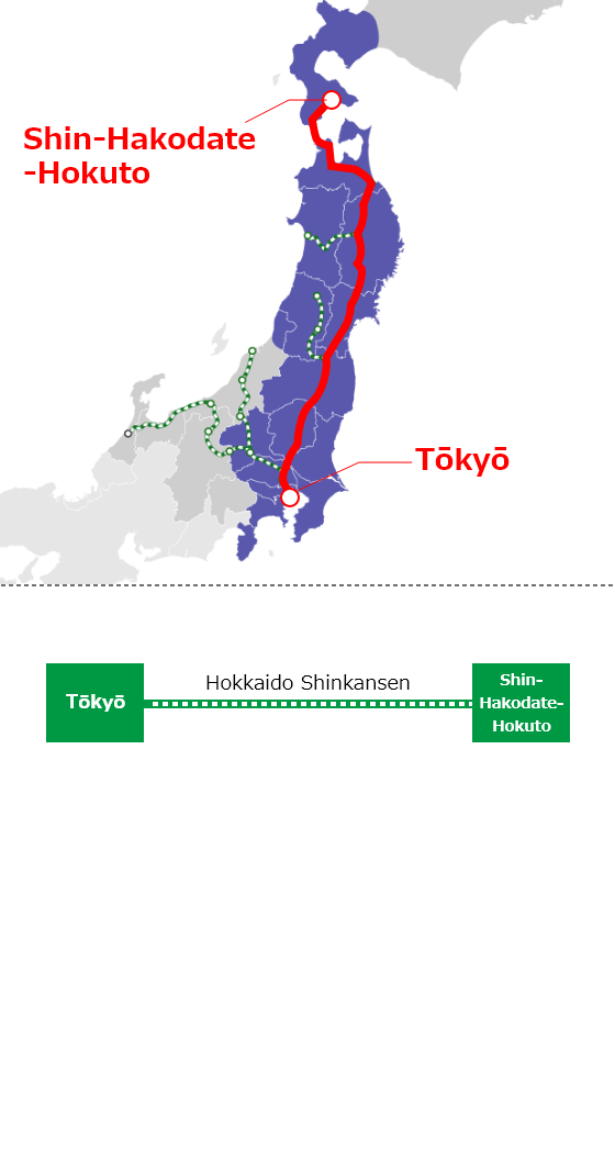Gambar peta perjalanan pp. antara Stasiun Tōkyō dan Stasiun Sendai
