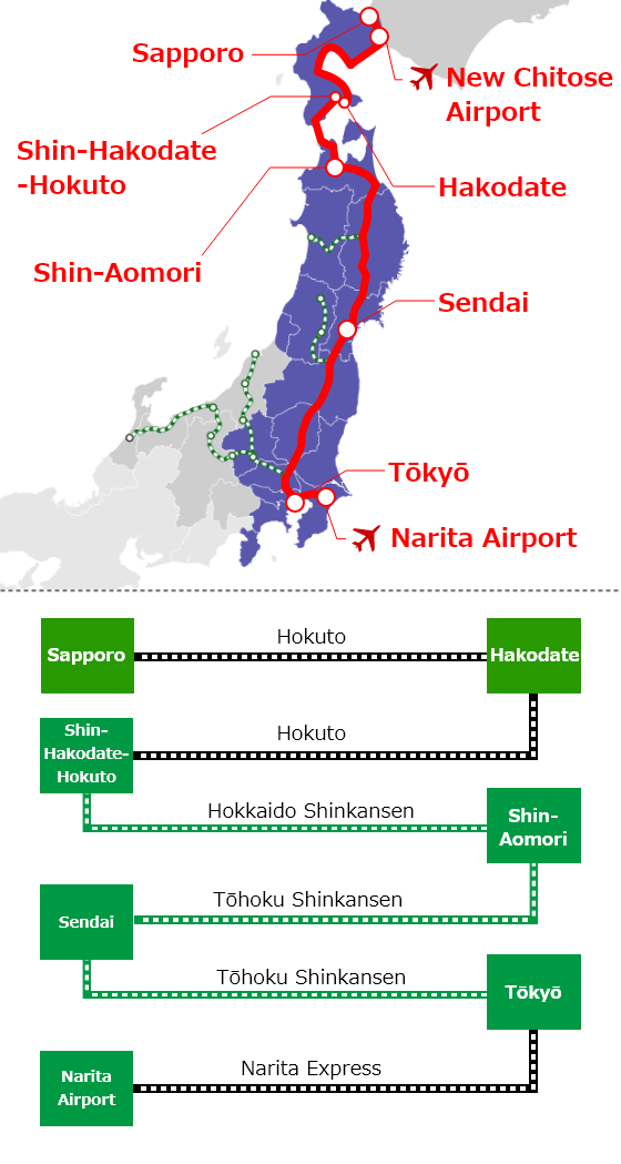 Gambar peta perjalanan ke Stasiun Sendai dan Akita dari Bandara Narita melalui Stasiun Tōkyō