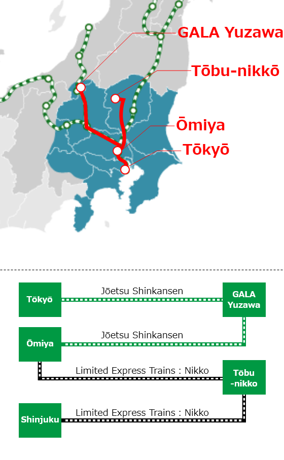 “从成田机场到东京站，前往仙台站和秋田”的图像地图