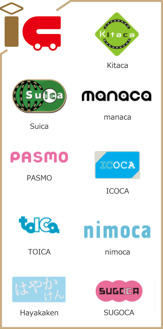 IC, Suica, PASMO, Kitaca, tolca, manaca, ICOCA, SUGOCA, nimoca, はやかけん