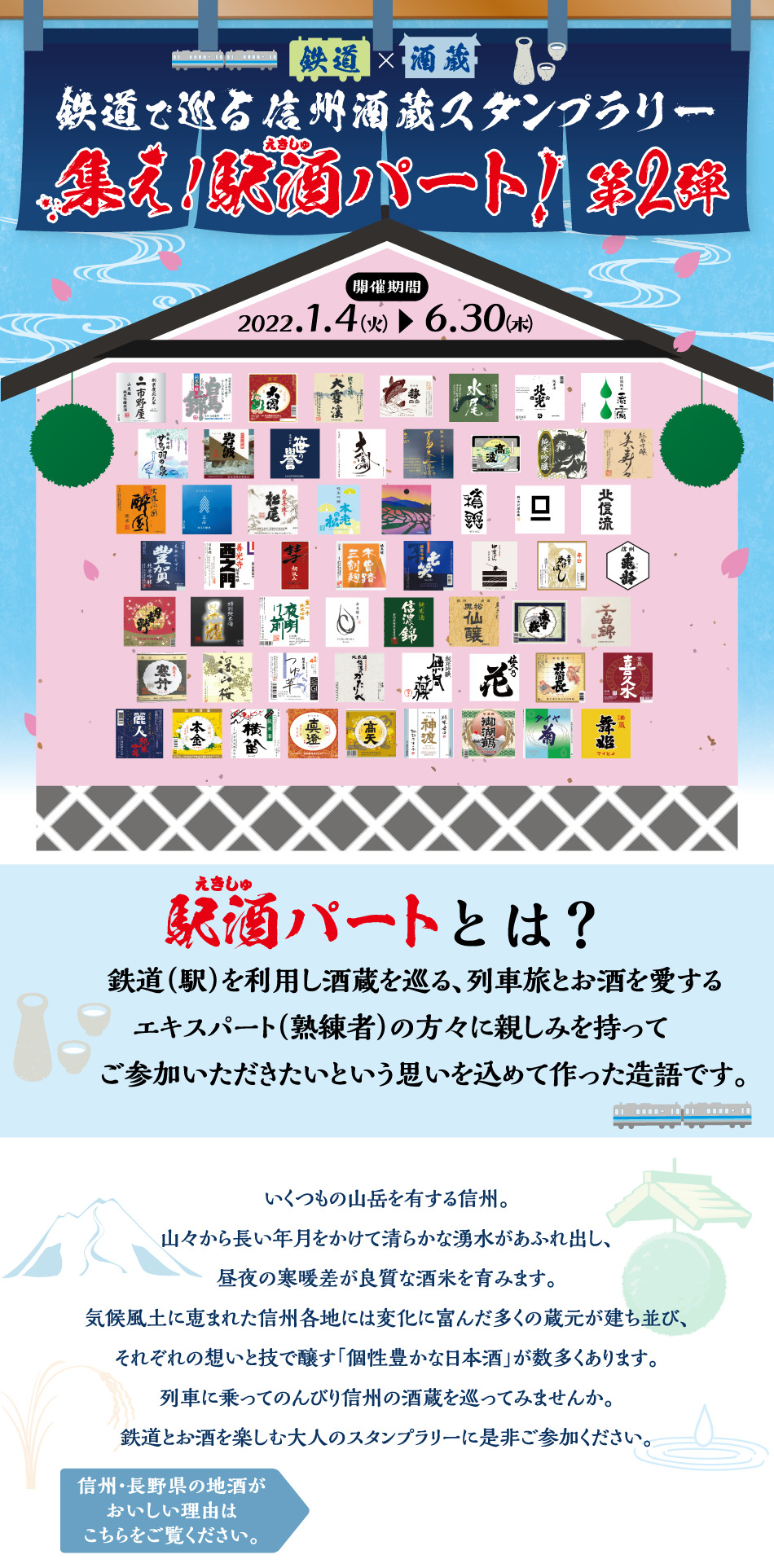 いくつもの山岳を有する信州。山々から長い年月をかけて清らかな湧水があふれ出し、昼夜の寒暖差が良質な酒米を育みます。気候風土に恵まれた信州各地には変化に富んだ多くの蔵元が建ち並び、それぞれの想いと技で醸す「個性豊かな日本酒」が数多くあります。列車に乗ってのんびり信州の酒蔵を巡ってみませんか。鉄道とお酒を楽しむ大人のスタンプラリーに是非ご参加ください。