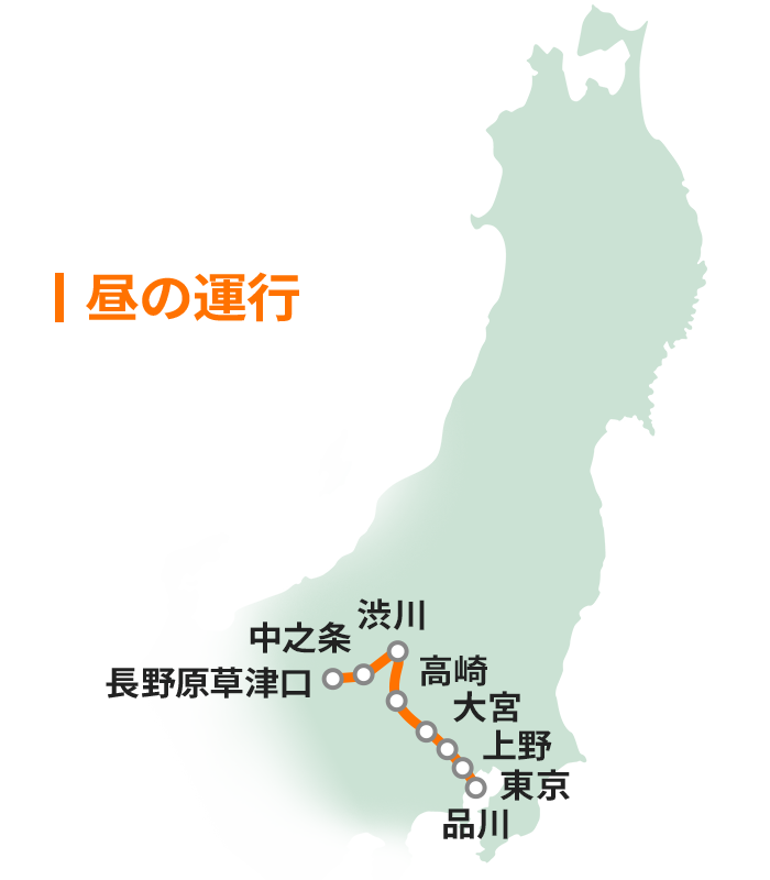 昼の運行 品川 東京 上野 大宮 高崎 渋川 中之条 長野原草津口