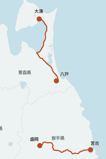リゾートあすなろの運行ルート地図(八戸から大湊まで)