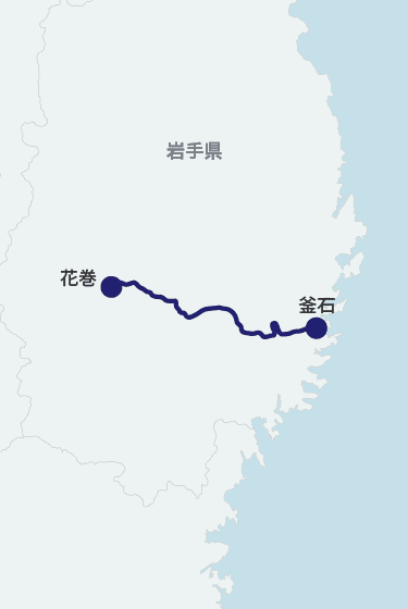 SL銀河の運行ルート地図(花巻から釜石まで)