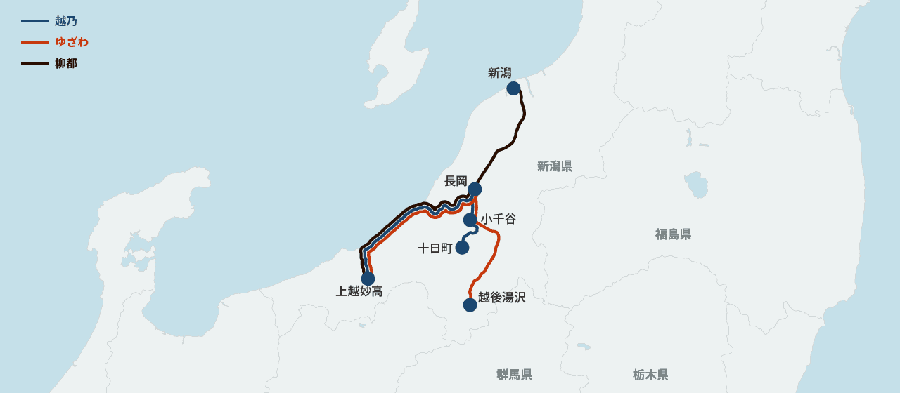 越乃Shu＊Kuraの運行ルート地図（福島から米沢・山形を経由して新庄まで）