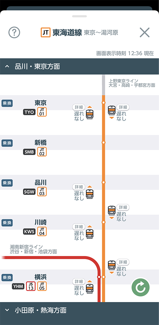 JR東日本アプリ 列車位置情報画面（東海道線）のイメージ