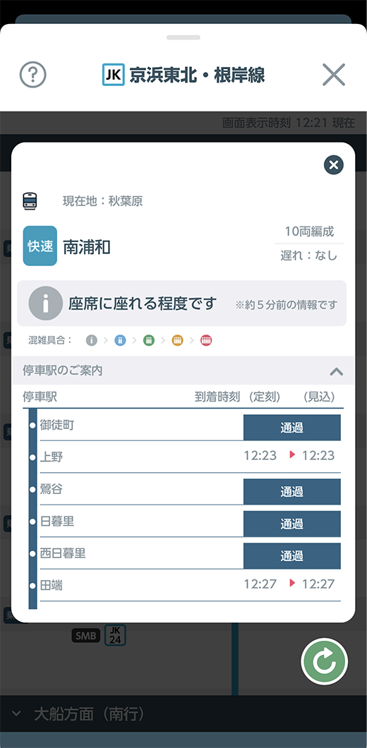 リアルタイムの列車混雑状況の表示例イメージ