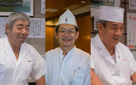 image: Shiogama, Miyagi　Shiogama Sushi Kaido　[Left]Sushi Shirahata　Kunitomo Shirahata / [Center]Kameki Sushi　Masahiro Hoshi / [Right]Sushitetsu　Taizo Shirahata