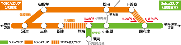 Suicaエリア(JR東日本)、TOICAエリア・TOICA拡大エリア(JR東海)