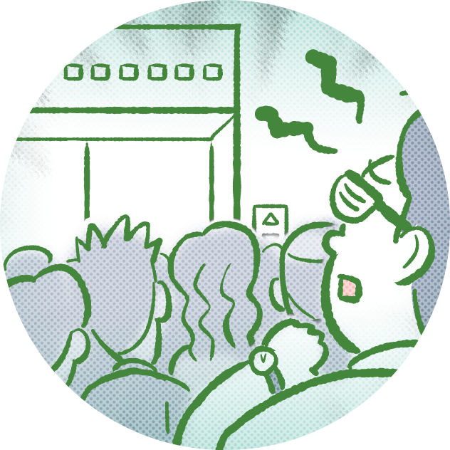 混雑したエレベーター前で待たされて困っている人々のイラスト