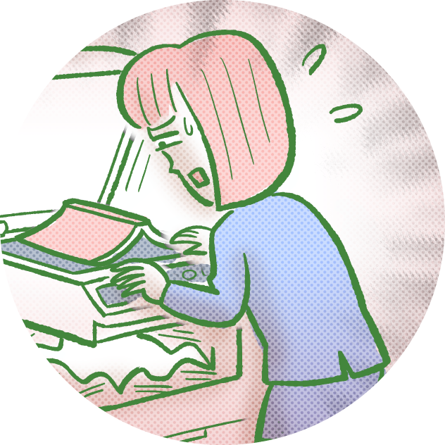 コピー機に紙詰まりが起きて慌てる女性のイラスト
