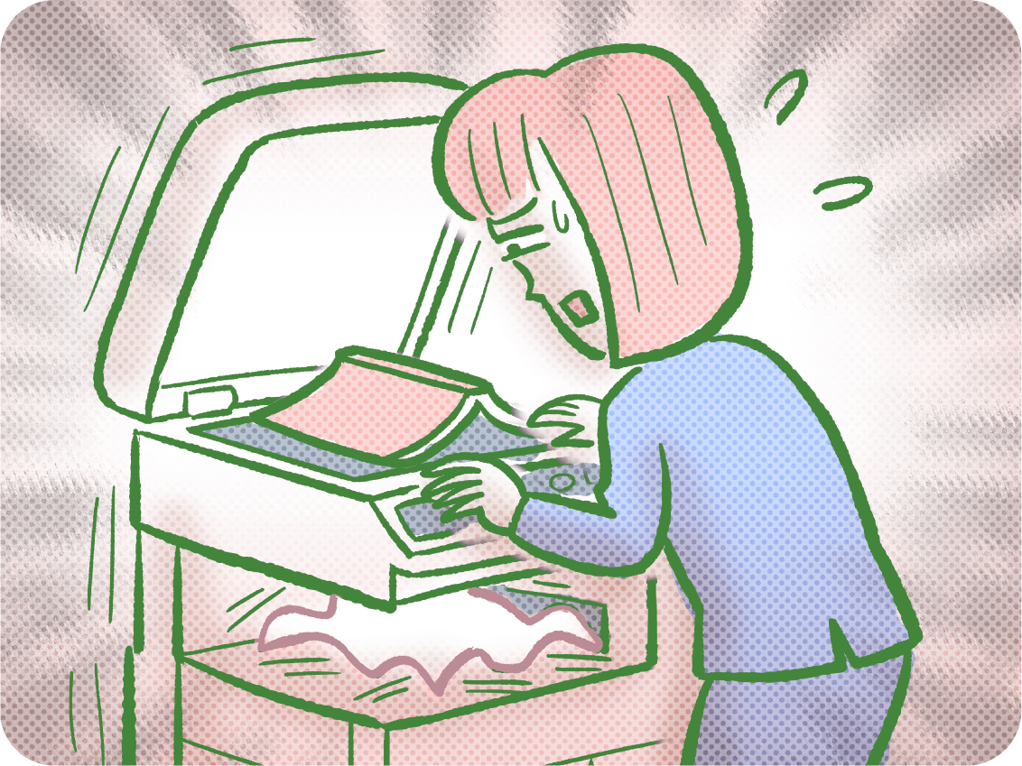 コピー機に紙詰まりが起きて困っている人物のイラスト