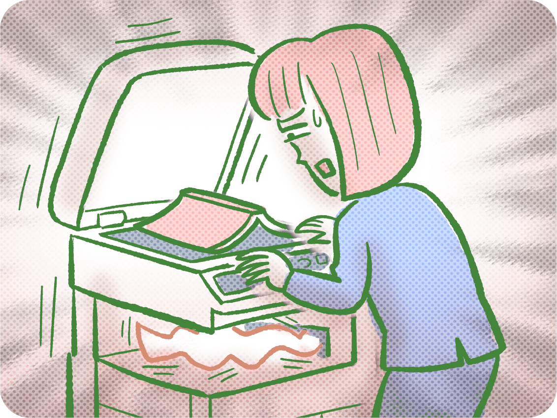 コピー機に紙詰まりが起きて困っている人物のイラスト