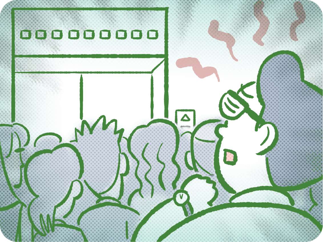 昼食前、混雑したエレベーター前で待たされて困っている人のイラスト