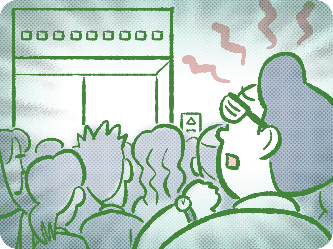 昼食前、混雑したエレベーター前で待たされて困っている人のイラスト