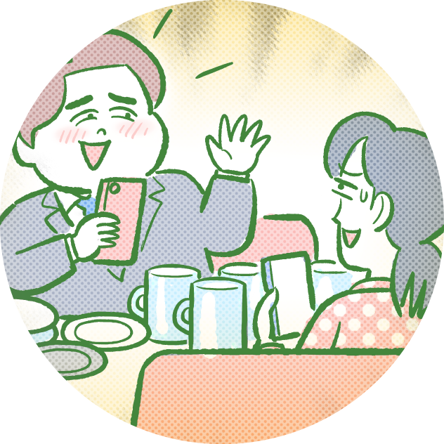 飲み会で楽しそうに話す人と、割り勘に困っている様子の人のイラスト