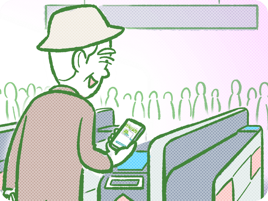 駅の改札でカードをタッチし、スムーズに通過する人のイラスト