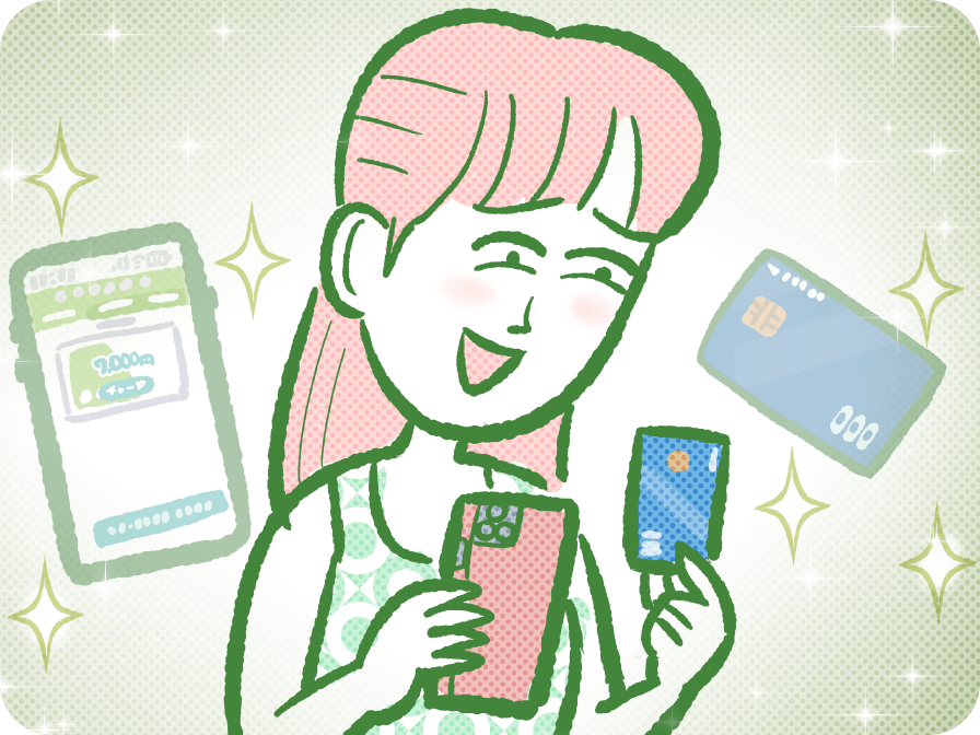 スマホやカードを使い分けて便利に支払いを楽しむ女性のイラスト